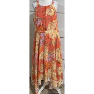 Vince Camuto Size 14 Dress Coral Floral Dress Halter Neck With Lining MSRP$ 168